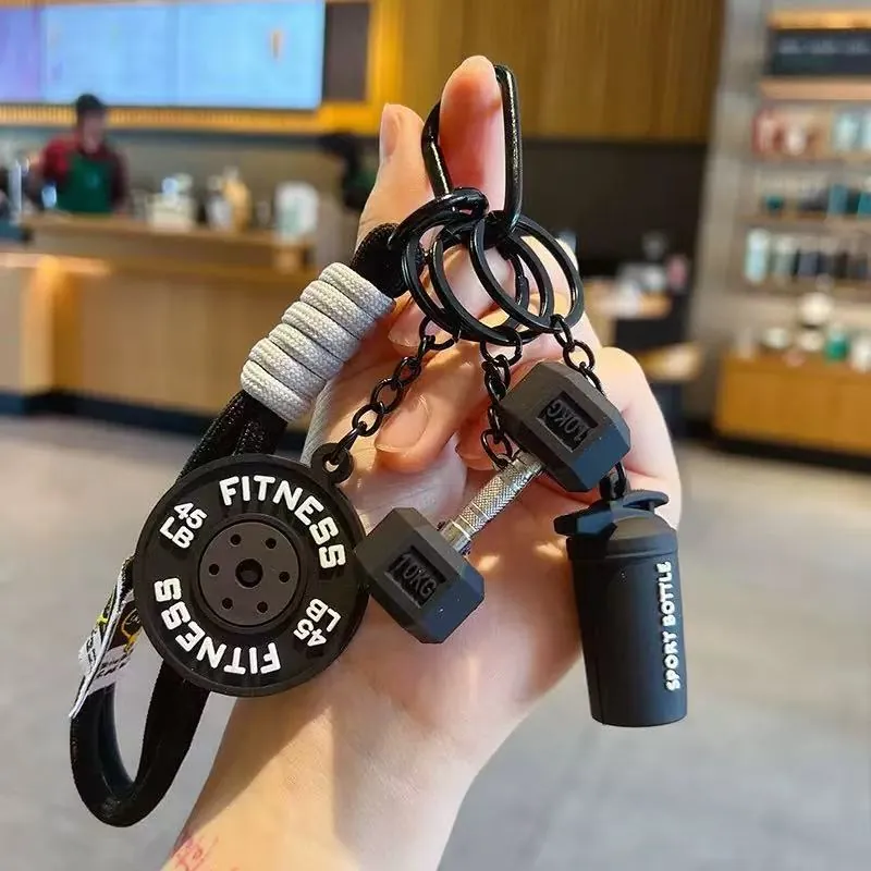 Dumbbell keychain gym gift with 10 kg hex dumbbell, FITNESS weight plate and sport bottle charms