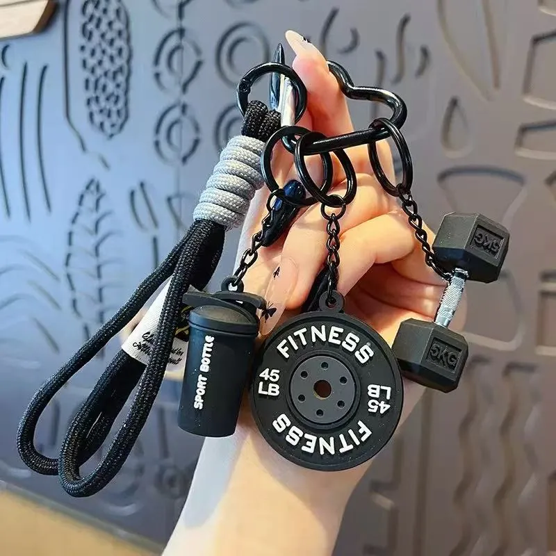 Gym keychain set with 5 kg hex dumbbell, FITNESS weight plate and sport bottle charms