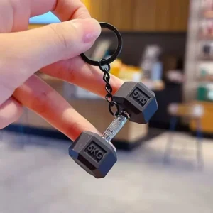 Black hex dumbbell keychain marked 5KG with metal handle