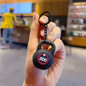Black mini kettlebell keychain with 500 badge on a black key ring